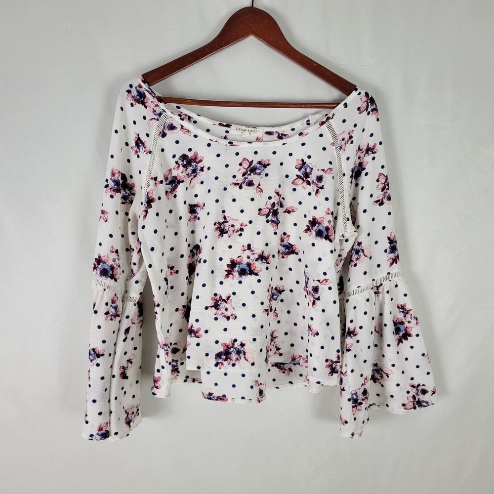 Living Doll Shirt Womens 1 Crop Top Floral Long Bell Sleeve Boat Neck Blouse